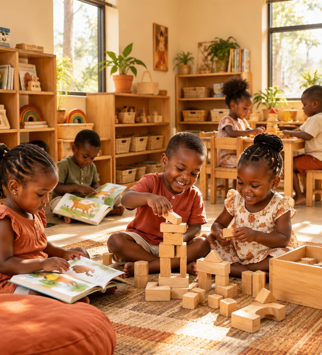 Happy children learning and playing in a bright, welcoming classroom at Virtuous World Schools